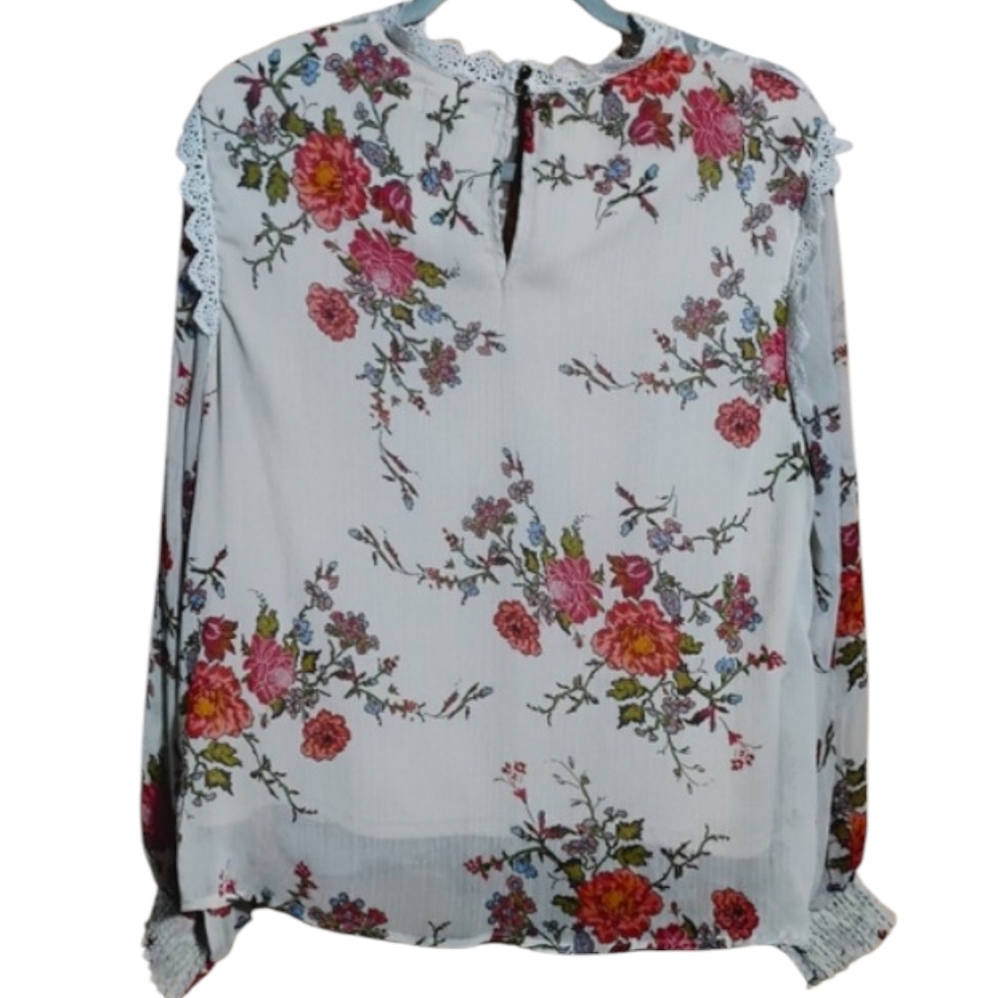 Indigo Poppy Floral Lace Crochet Yoke Blouse Cream Red Boho Romantic Sz XL - Picture 2 of 9